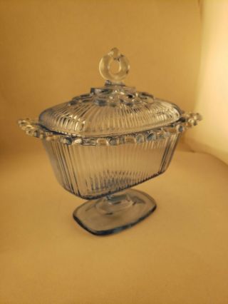 Vintage Indiana Glass Blue Depression Glass Candy Dish W/ Lid And Lacy Edge