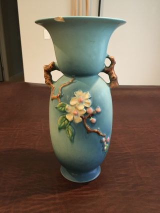 Roseville Pottery 391 - 12 Blue Floral Vase Chipped 2
