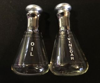 Vintage Silver Banded Glass Oil And Vinegar Cruet Bottles Aluminum Stoppers