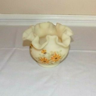 Vintage Fenton Custard Glass Signed Ruffled Rose Bowl Vase Daisies