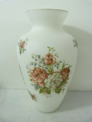 White Frosted Satin Glass W/ Floral Underglaze Decoration 13.  5 " Vase