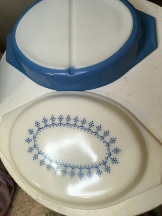 Vintage Pyrex Blue Horizon Garland 1qt Oval Casserole Dish Snowflake Garland Lid