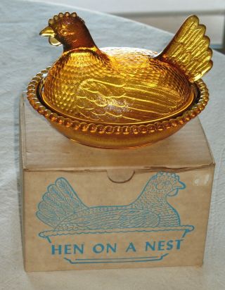 Vintage Amber Indiana Glass Hen On Nest Chicken Candy Dish W Lid W Orig Box