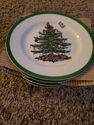 (4) Spode Christmas Tree salad Plates (England) Green Trim 2