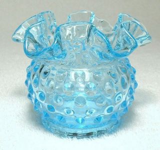 Fenton Glass Small Blue Hobnail Rose Bowl Vase 3 " Logo 1980 