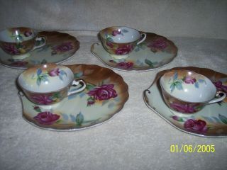 Vintage Lefton ??,  2c7 Handpainted Rose,  Snack Set 4 Trays,  4 Cups " Neat "