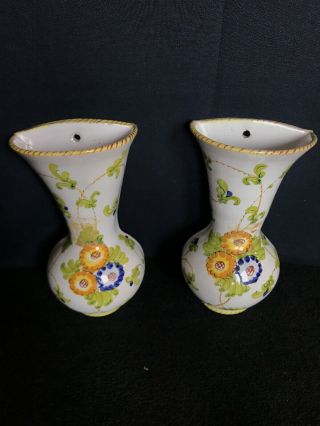Set Of 2 Urn Wall Vase Planter Italy Hand Painted Floral Motif Pottery Vintage 9