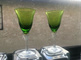 Pair Crystal Twist Stem Green Glass 1 Oz Cordials Vintage 4 1/8 " Tall