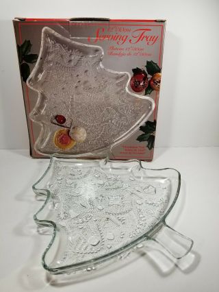 Indiana Glass Christmas Tree Serving Tray - 12 " Embossed Clear Glass -