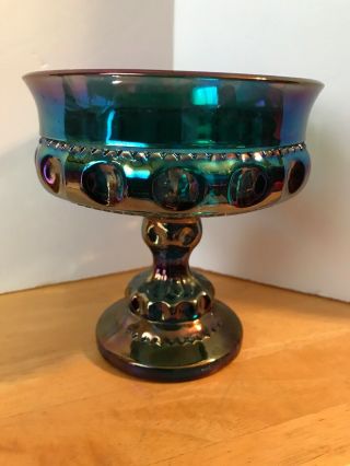 Vintage Indiana Iridescent Blue Carnival Glass Kings Crown Thumbprint Compote