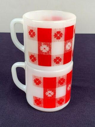 2 - Vintage Fire King Milk Glass Mug Red & White Checkered Gingham Cup Anchor