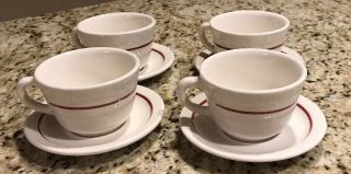 4 Syracuse China Restaurant Ware Coffee Cups Saucers,  Red Stripe.  Made In Usa