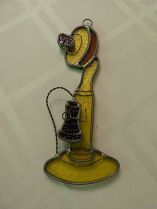 Vintage Leaded Stained Glass Window Sun Catcher Candlestick Telephone