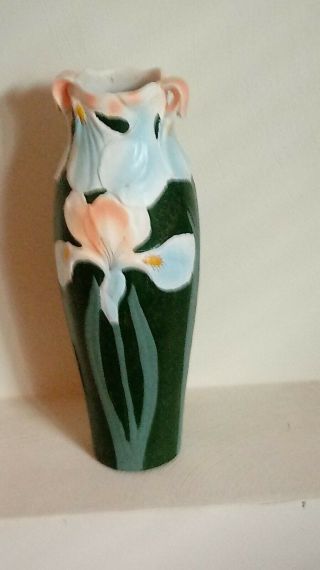 Vintage Art Deco Iris Vase,  Dark Green With Peach And Blue Iris,  Tag Gb Retailer