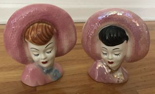 7 " Vintage Pair Lady Head Vases Wall Pockets 50 