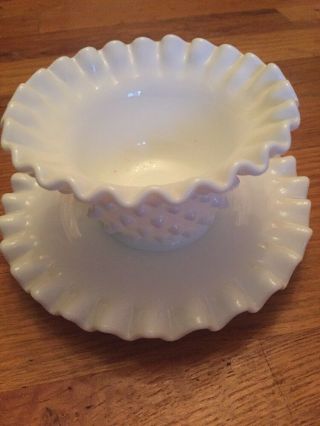 Vintage Ruffled Hobnail Milk Glass Mayonnaise Bowl And Plate