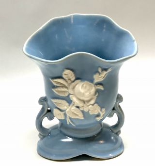 Vintage Weller Art Pottery Blue Vase W White Roses,  Two Handle