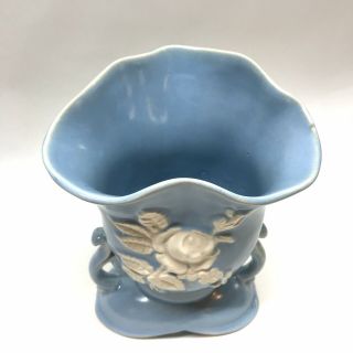 Vintage Weller Art Pottery Blue Vase W White Roses,  Two Handle 2