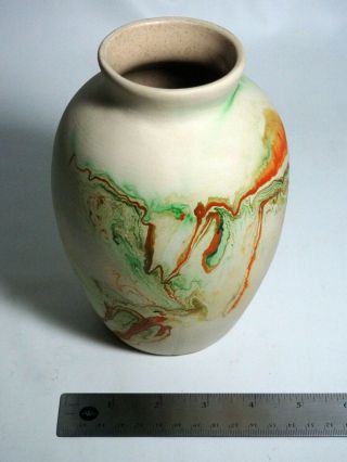 Nemadji Pottery Usa 7 " Vase - Orange,  Green,  Black Marbled Swirls