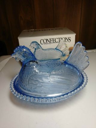 Vintage Indiana Glass Light Blue Hen On Nest Covered Chicken Candy Dish