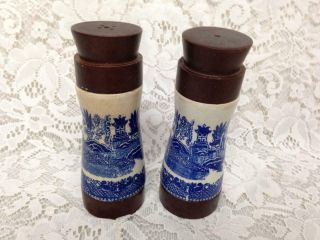 Vintage,  Rare,  Blue Willow 6in Wood - Ceramics Salt or Pepper Shakers 4