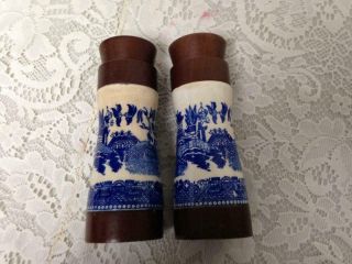 Vintage,  Rare,  Blue Willow 6in Wood - Ceramics Salt or Pepper Shakers 5
