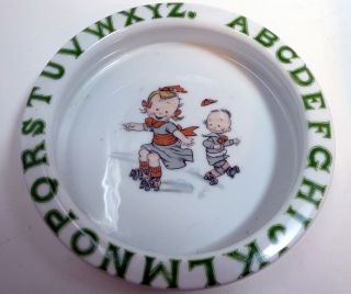 Vintage Porcelain Child Baby Food Plate Alphabet Girl Boy Roller Skates