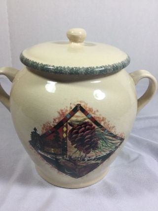 Home & Garden Party Northwoods Canister Moose Stoneware Crock Pinecone Log Cabin