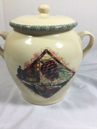 Home & Garden Party Northwoods Canister Moose Stoneware Crock Pinecone Log Cabin 2