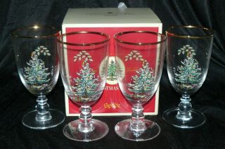 Set Of 4 Spode Christmas Tree Pedestal Water Goblets 16 Oz Mib