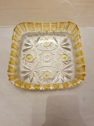 Pressed Glass Bowl Candy Dish Stars Pinwheels Yellow Stain Square 8 1/2 "