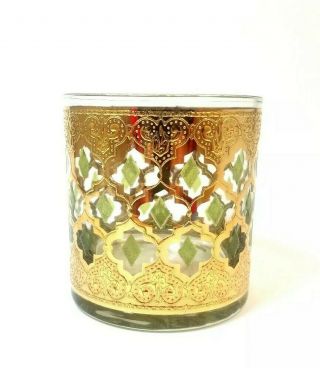Vintage Culver Ltd Valencia 22k Gold Green Diamond Whiskey Rock Glass Euc 3.  5 "