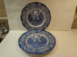 2 Liberty Blue Staffordshire10 " Dinner Plates Independence Hall Made In England