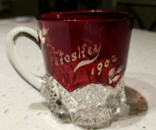 Antique Ruby Red Flash Glass Souvenir Mug Petoskey Mi 1902 " Goldie Holliday "