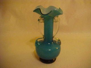 Vintage Hand Blown Blue White Cased Glass Handled Vase,