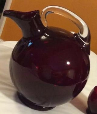 Vintage Ruby Red Cranberry Glass 8 Inch Water Pitcher Clear Handle