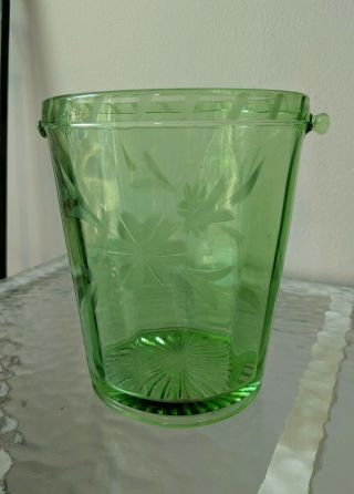 Green Etched Depression Glass Ice Bucket