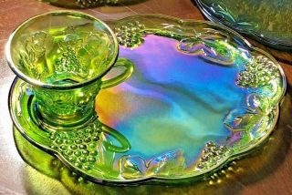 Vintage (1) Indiana Carnival Glass Lime Green Iridescent Snack Set Harvest 2443