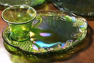 Vintage (1) Indiana Carnival Glass Lime Green Iridescent Snack Set Harvest 2443 3