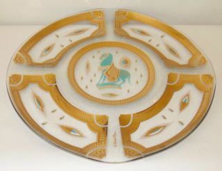 Rare Vintage Glass Serving Tray Fred Press Mid Century Trojan Horse Turquoise