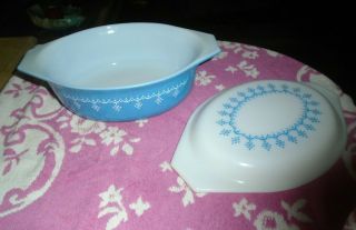 Vintage,  Pyrex,  Snowflake Garland,  Oval Dish With Lid,  Blue & White,  Glass,  043,  Nr