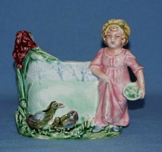 Majolica Figural Girl Feeding Ducks Vase/planter