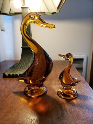 Vintage Viking Glass Ducks Amber Mid Century Modern