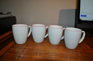 Set Of Four (4) Corelle Stoneware White & Red Rim Coffee / Cups / Mugs Euc