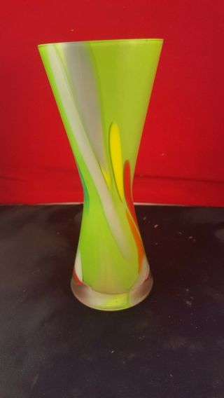 Hand Blown Art Glass Vase White Green Red Milk Swirl Under Clear Glass 7 " Tall