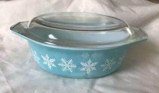 Large Vintage Pyrex Dish Bowl Turquoise Snowflake 2 1/2 Quart With Lid