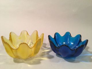 Vintage Lotus Petal Blenko Glass Bowls,  Cobalt Blue And Yellow
