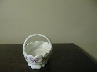 Vintage Westmoreland Milk Glass Basket Hand Painted Flowers Split Handle Marked 2