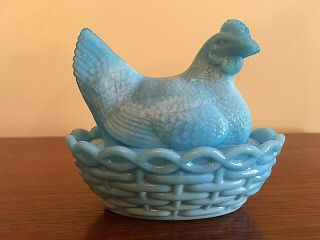 Vintage Blue Milk Glass Hen On Basket Nest 3 - 1/2 "