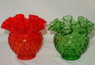 Vintage 2 Fenton Hobnail Ruffled Squat Vases Green And Orange